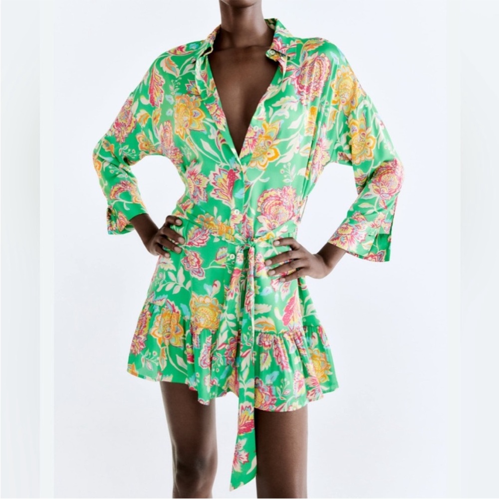 Zara NWT Green Floral Satin Mini Shirt Dress Sz S Ruffle Hem Belt
